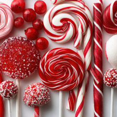Peppermint lollipops and red berry candies arranged on clean white surface for christmas