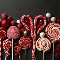 Festive candy canes and spiral lollipops arranged on dark slate background for christmas