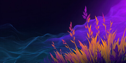 Abstract illustration of flowing blue lines and vibrant purple and orange plant stalks