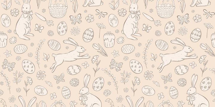 Seamless vintage Easter pattern with hand drawn bunnies, eggs, flowers, cupcakes and spring elements in whimsical line style. Perfect for background, textile, packaging, wallpaper, cover, card.