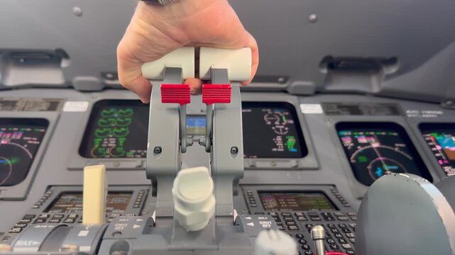 Closeup view, low angle shot, ot the hand of a caucasian pilot adjusting the throttle levers in a modern jet cockpit.