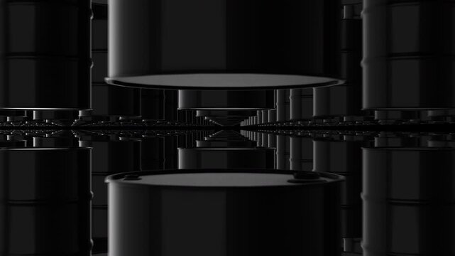 Thousands of black crude oil barrel drums against a black background. Ideal for financial videos about global gas prices, and stock market analysis of the energy sector. 3D animation.