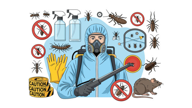Professional pest control specialist in a protective suit and mask surrounded by various common household pests.