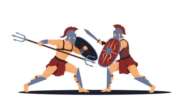 Roman gladiators fighting in an arena with ancient weapons including tridents, shields, and swords during a historical combat.
