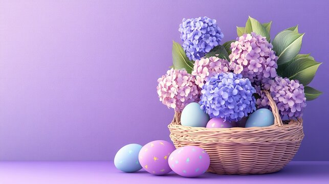 a basket with hydrangea flowers and pastel-colored easter eggs on a purple background, an easter concept, 3d rendering, realistic, copy space for text
