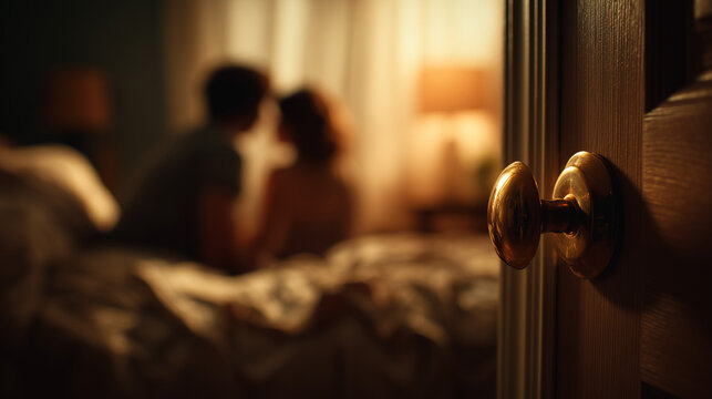 A tense dramatic bedroom scene where a man and woman are caught in an affair, revealing shock, betrayal, and confrontation in an intimate interior setting.