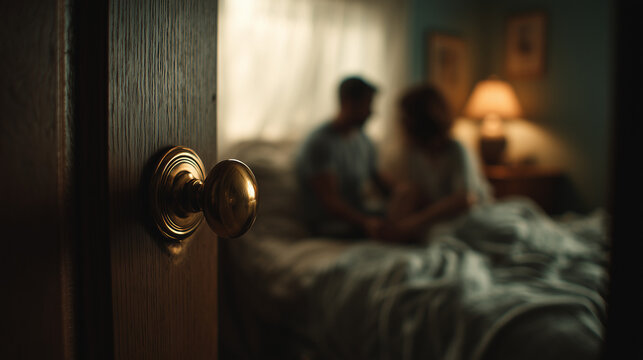 A tense dramatic bedroom scene where a man and woman are caught in an affair, revealing shock, betrayal, and confrontation in an intimate interior setting.