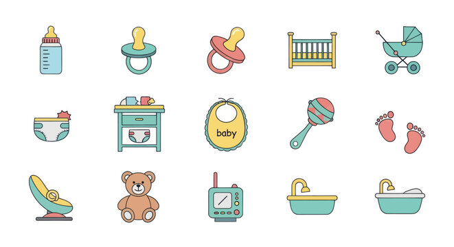 Collection of Flat Icons Representing Baby Care Items and Essentials.