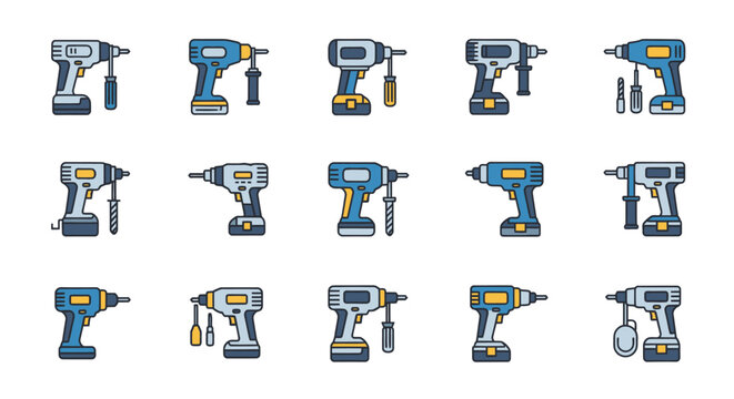 Set of diverse electric cordless power drills and screwdrivers.