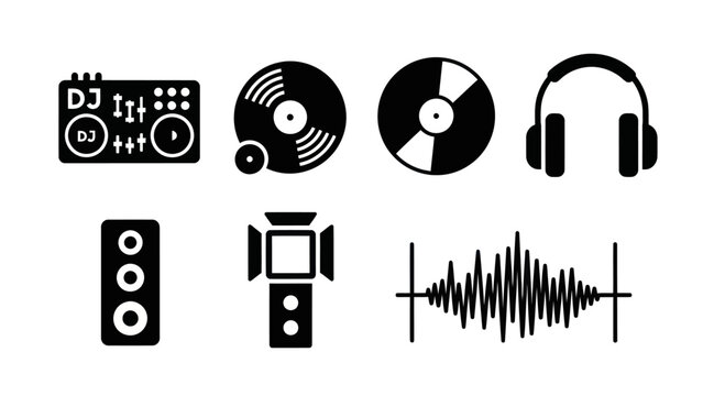 Dj equipment, vinyl records, headphones, speaker, light, sound wave icons set