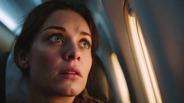 Anxious female airplane passenger sitting in economy cabin, showing fear of flying with nervous expression during flight travel.
