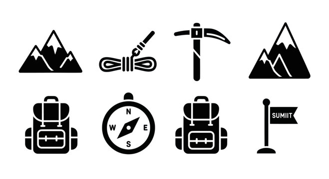 Mountain climbing gear icons: backpack, compass, ice axe, rope, flag, mountains