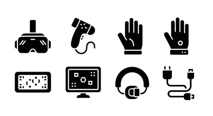 Virtual Reality Technology Icons: VR Headset, Controller, Gloves, Monitor, Headphones, Cables © MHM99