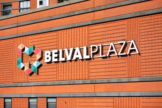 Belval Plaza logo sign, mall with stores in Esch sur Alzette, Luxembourg, Belval district, shopping in the city