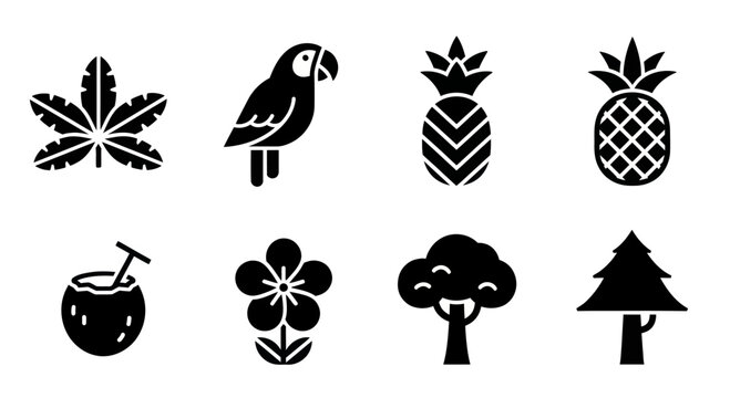 Tropical Icons: Parrot, Pineapple, Coconut, Tree, Flower, Leaf, Pine