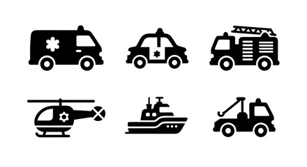 Emergency Vehicle Icons: Ambulance, Police Car, Fire Truck, Helicopter, Ship, Tow Truck © MHM99