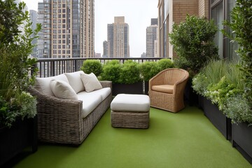 Fototapeta premium Modern rooftop balcony terrace with wicker sofa and rattan furniture surrounded by lush green plants in city skyline, concept for luxury real estate, urban lifestyle and outdoor interior design