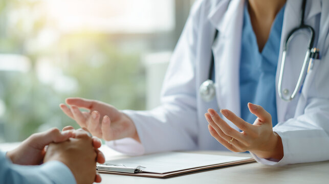 Female doctor in white lab coat explaining medical condition to patient during consultation in clinic room, professional healthcare interaction and advice.