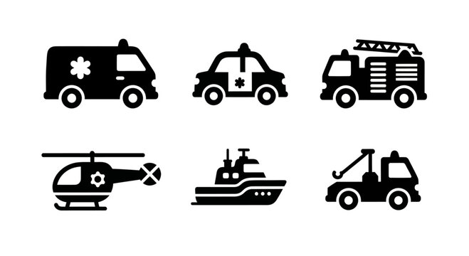Emergency Vehicle Icons: Ambulance, Police Car, Fire Truck, Helicopter, Ship, Tow Truck
