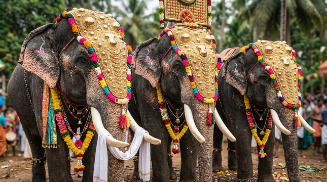 Decorated elephants stand in line for procession at Thrissur Pooram, India. Thrissur Pooram is the most popular elephant festival in India.