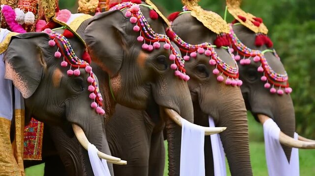 Decorated elephants stand in line for procession at Thrissur Pooram, India. Thrissur Pooram is the most popular elephant festival in India.