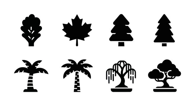 Set of diverse tree icons, silhouette collection: deciduous, coniferous, palm, bonsai, weeping willow