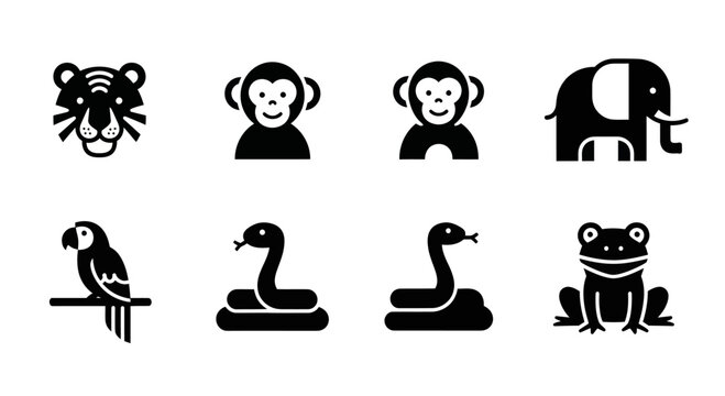 Cute Animal Icons: Tiger, Monkey, Elephant, Parrot, Snake, Frog