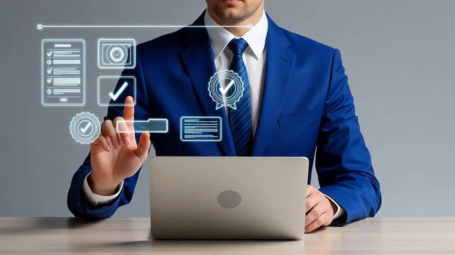 Businessman using laptop with digital icons
