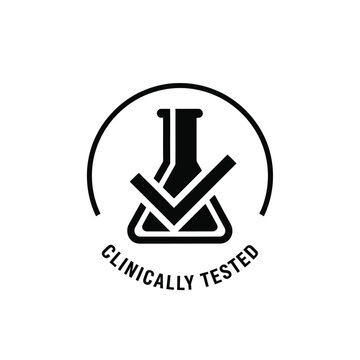 A circular emblem features a flask with a checkmark accompanied by the text clinically tested below
