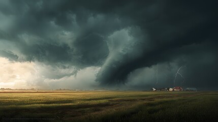 Fototapeta premium Massive tornado funnel forming above wide rural farmland, dark rotating storm clouds, dramatic lightning flashes, cinematic atmosphere, wind sweeping through rice fields, high contrast moody