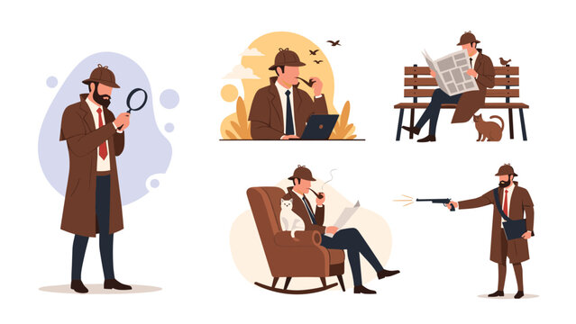 Collection of scenes showing a classic detective in a trench coat using a magnifying glass, reading newspaper, and investigating clues.
