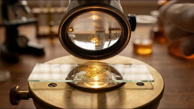 Detailed image of microscope lens, showcasing the intricate world of scientific exploration. The scene is illuminated by the intense light within, and the focus is on discovery.