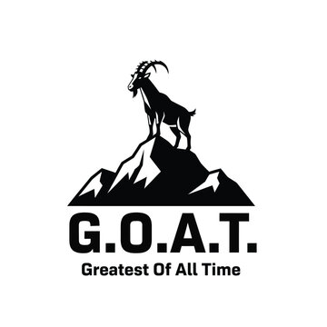 A striking black silhouette of a mountain goat stands atop a peak with the acronym g o a t below