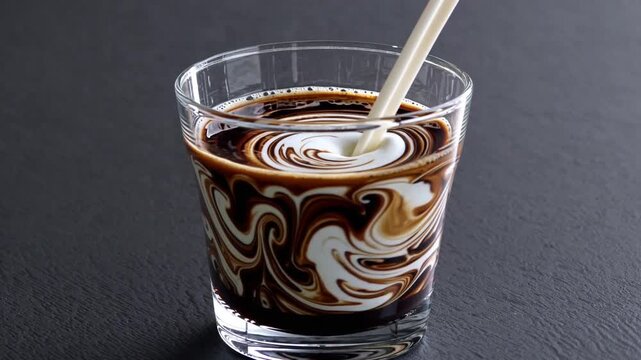glass coffee milk swirling slow motion, closeup on marbled crema and dark textured background, creamy pour from barista hand offframe, high contrast studio lighting, hypnotic liquid patterns