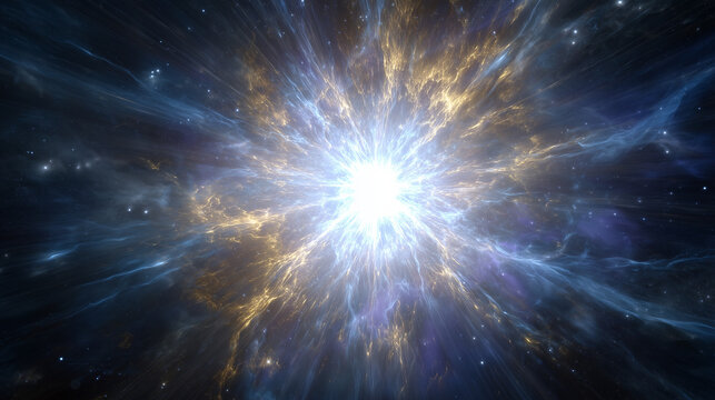 Brilliant white cosmic energy explosion in deep space, glowing particles and shockwave creating a dramatic futuristic universe scene.