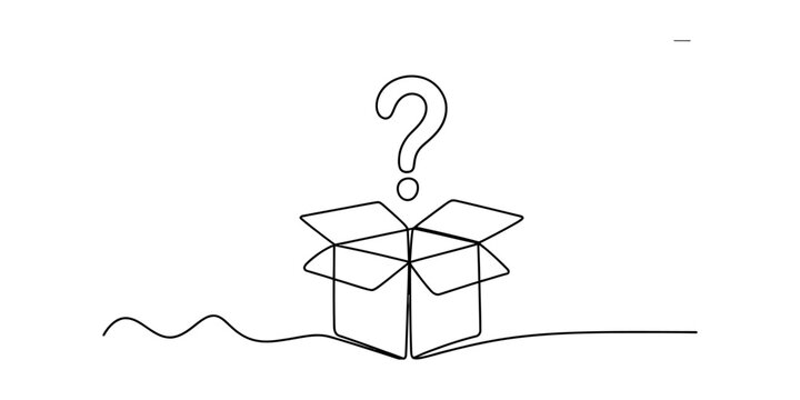 A minimalistic line drawing of an open cardboard box with a question mark floating above it
