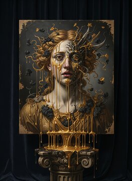 Surreal Woman's Portrait Painting: Metamorphosis and Transformation with Dripping Gold and Black Liquid, Evoking The Picture of Dorian Gray Moral Decay and Liquid Transformation