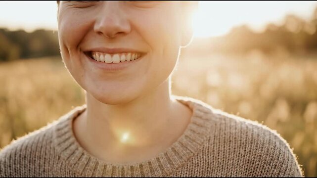 The portrait of a woman radiating pure joy and a radiant smile, illuminated by the warm glow of the setting sun. Her expression reflects an innate sense of contentment, connecting with the viewer.