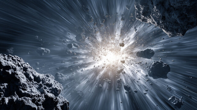 Deep space asteroid explosion with floating rocky debris and glowing particles, dramatic cosmic collision scene with dynamic energy and dark universe background