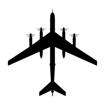 Tupolev Tu-95 Bear Contra-Rotating Turboprop Strategic Bomber Plan View Silhouette Black Isolated White