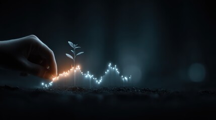 Empowering productivity through minimalist growth glowing seedling icon illustrating efficient work concepts dark environment dynamic viewpoint