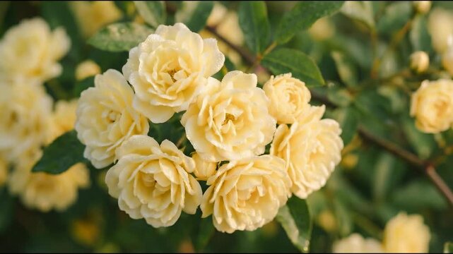 Delicate yellow roses, clustered together in full bloom, showcasing their soft petals and lush green foliage, embody elegance and the beauty of nature's design.