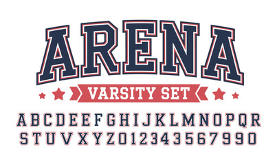 Fototapeta premium Arena Varsity Alphabet and Numbers Set for University Athletic Apparel and Sports Team Logo