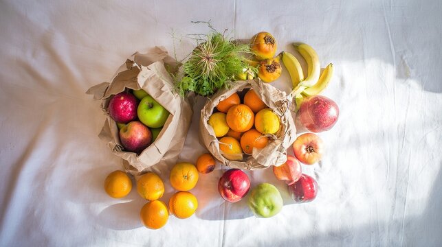 A thoughtful arrangement of fresh and nutritious food items from above, on a clean surface.