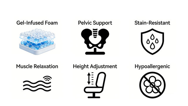 The performance icon of gel foam pelvic bone protection, adjustable relaxation and low sensitivity seat represents the concept of ergonomic seat comfort and spine protection,
