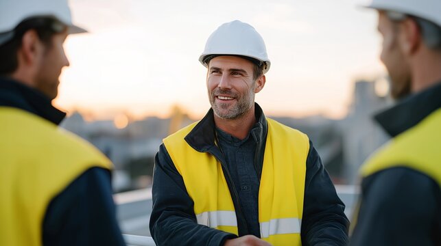 Construction foreman and workers participate in mental wellness check-in during break, hardhats resting on table in outdoor site office, golden hour backdrop, perfect for occupational psychology,