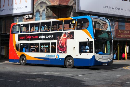 MANCHESTER, UK - APRIL 23, 2013: Coca-Cola Coke Zero beverage advertisement on Stagecoach city bus in Manchester, UK. Stagecoach Group is one of largest public transportation operators in the UK.