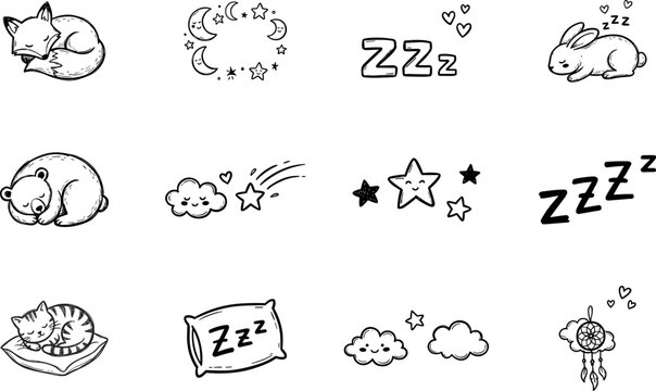 animals cute sleeping and night elements, bedtime doodle collection with moon stars and clouds, hand drawn cartoon vector set isolated on transparent background