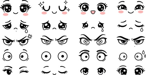 emoji cute faces set, kawaii cartoon expressions with eyes and emotions, character icon collection vector illustration isolated on transparent background © Yehor