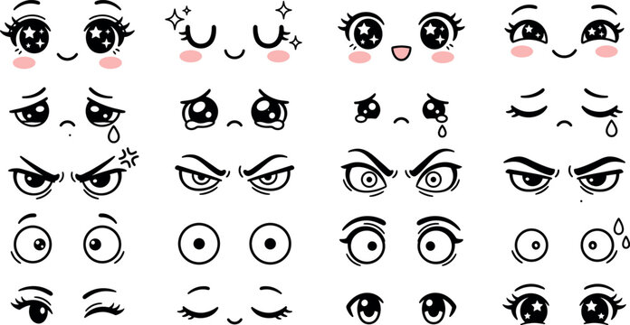 emoji cute faces set, kawaii cartoon expressions with eyes and emotions, character icon collection vector illustration isolated on transparent background